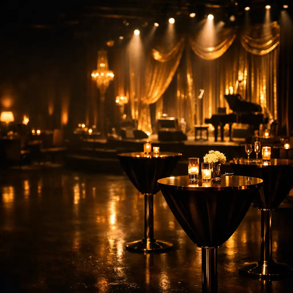 Elegancka scena eventowa w półmroku z ciepłym światłem