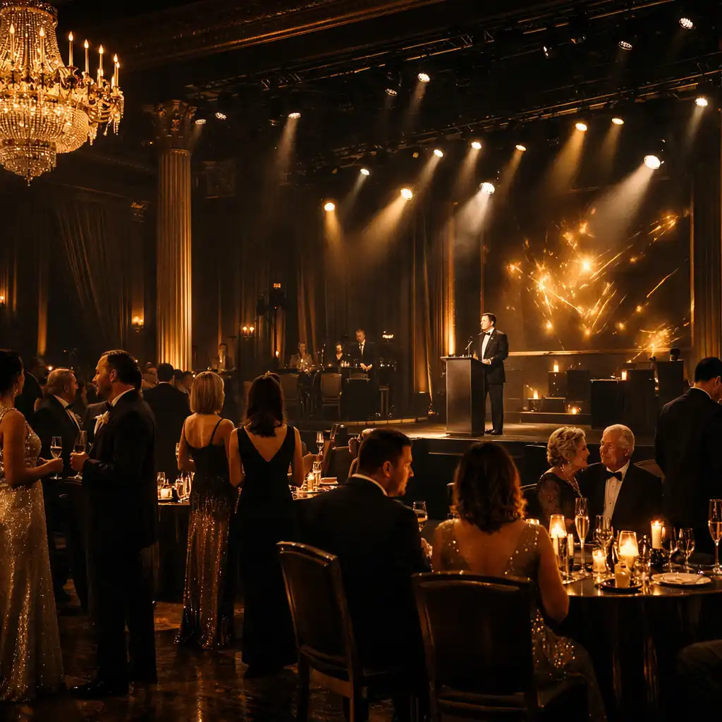 Luksusowa gala eventowa z elegancką scenografią i oświetleniem